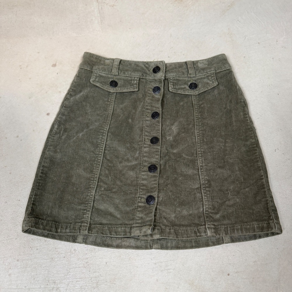 SO Olive Green Corduroy Button Front Mini Skirt Womens Size 1/25W Utility Boho